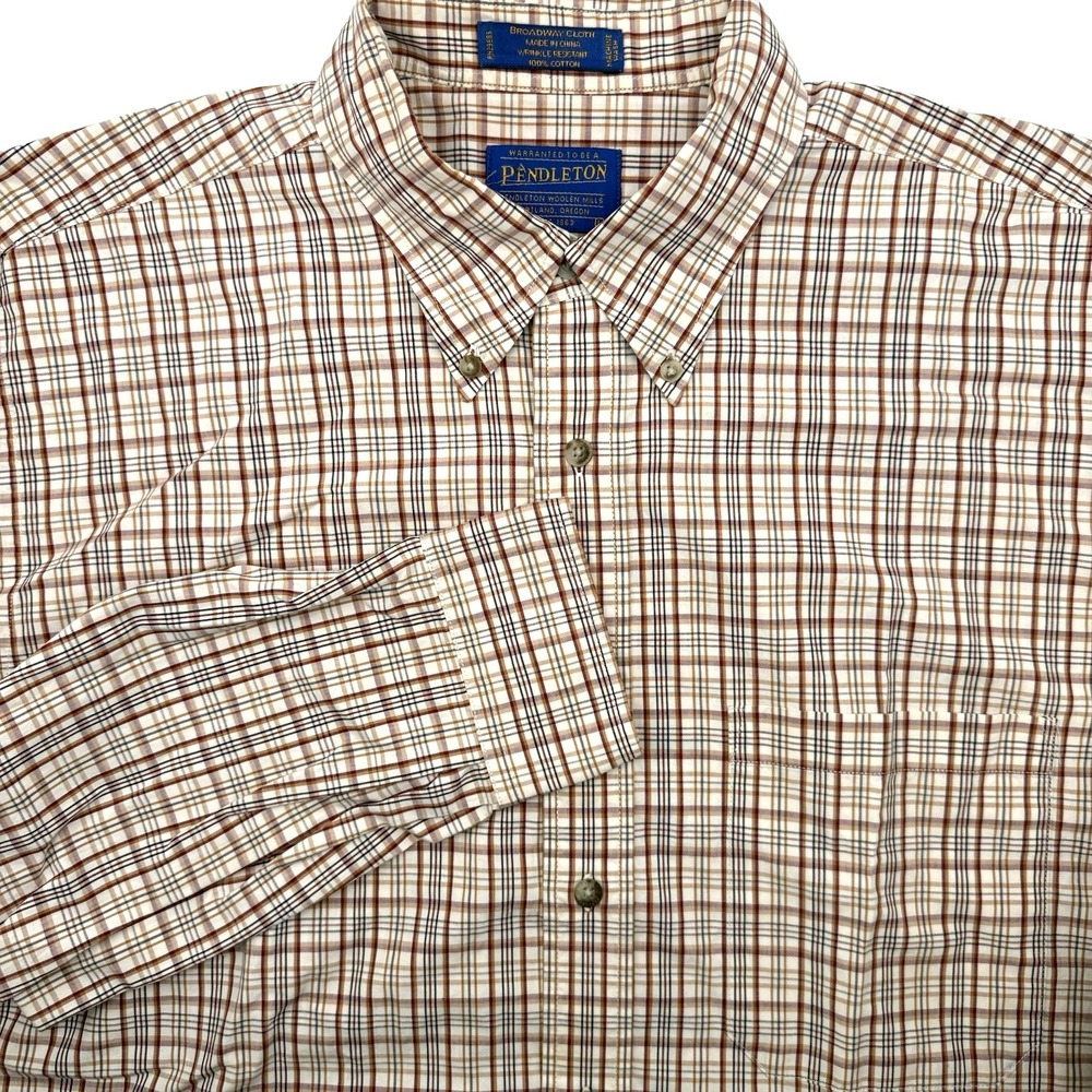 Pendleton Broadway Cloth Shirt Mens Large Brown Plaid Wrinkle Resistant Cotton